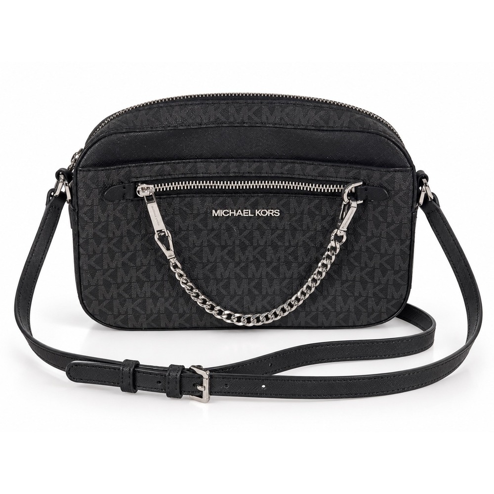 Michael Kors Black Signature Logo Canvas Crossbody Camera Bag Chain Detail